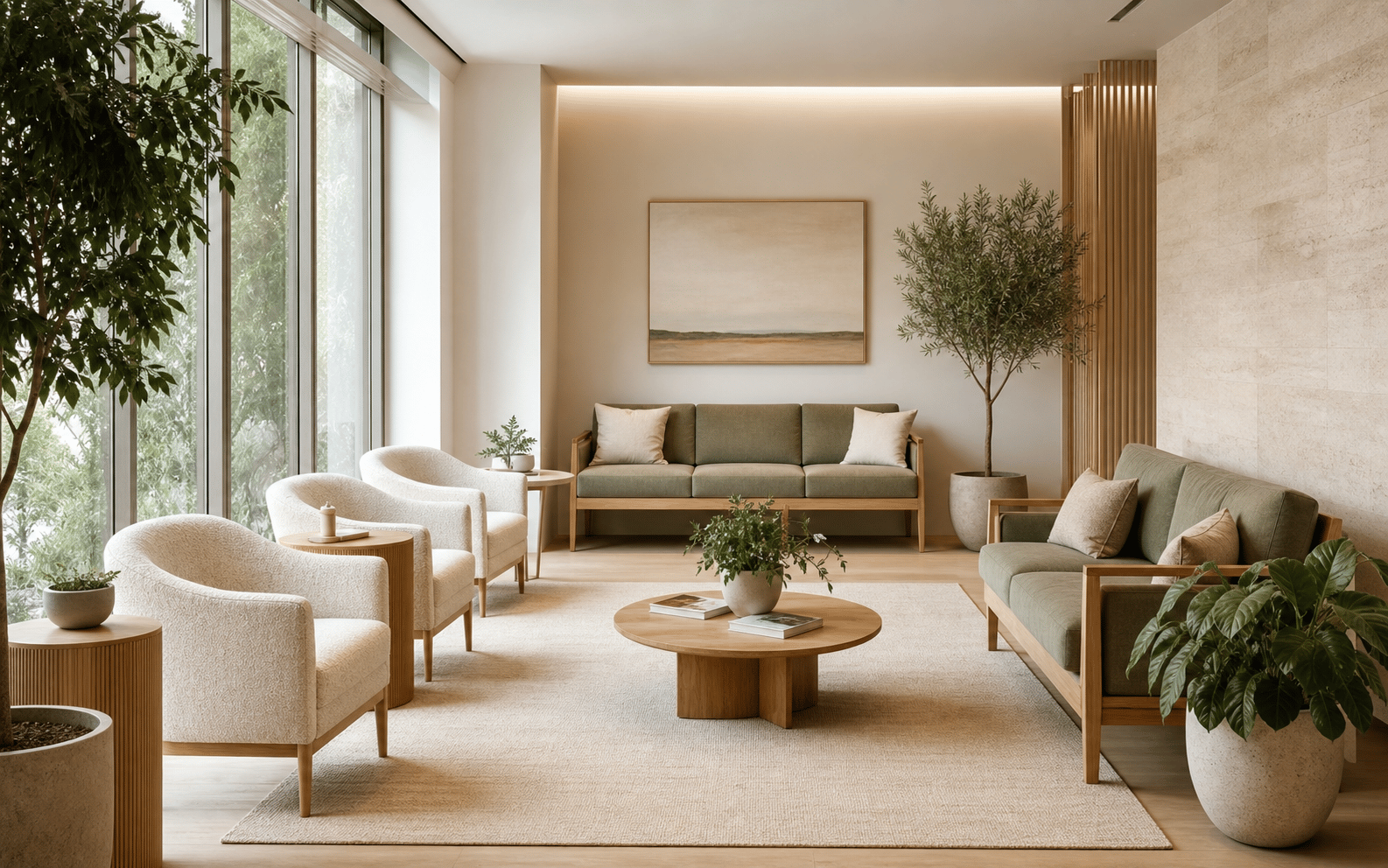 Warm, naturally lit Nova Health Group waiting room with comfortable seating and greenery