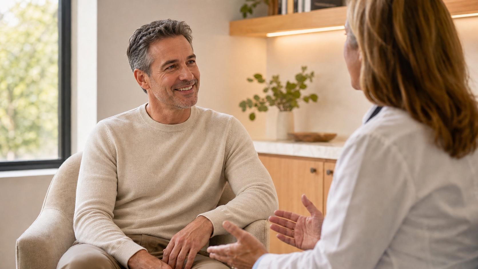 Healthy middle-aged man speaking with a physician during a warm, private wellness consultation